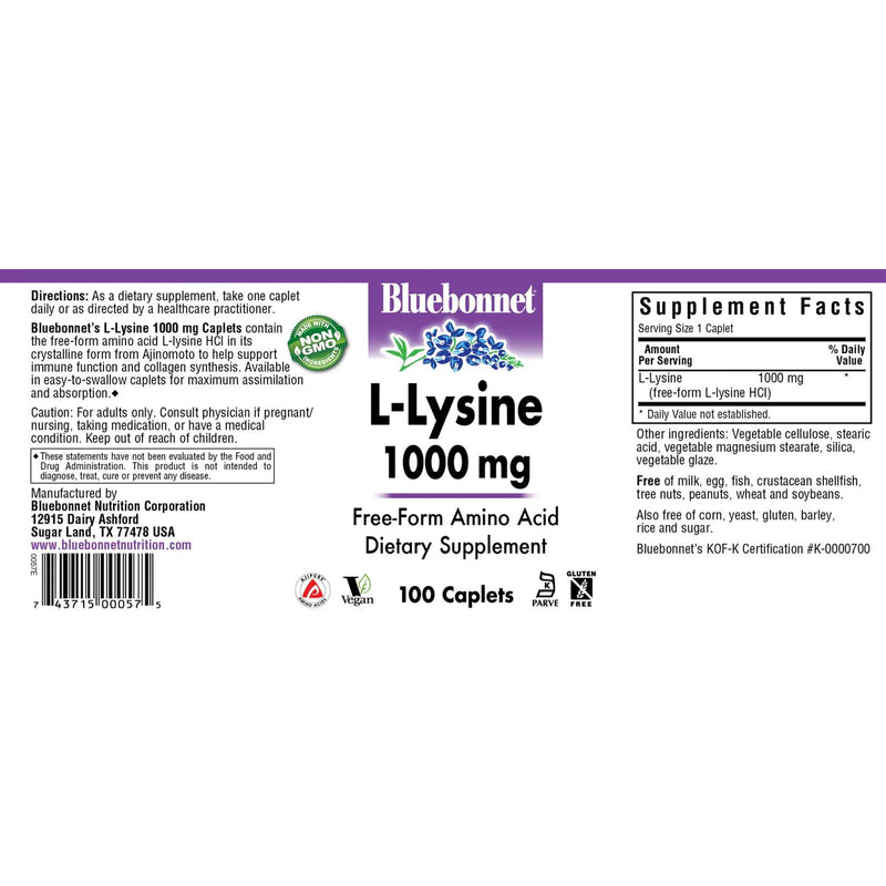 Bluebonnet L-Lysine 1000 mg 100 Caplets - DailyVita