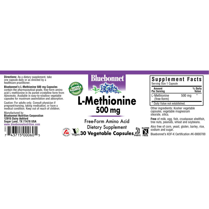 Bluebonnet L-Methionine 500 mg 30 Veg Capsules - DailyVita