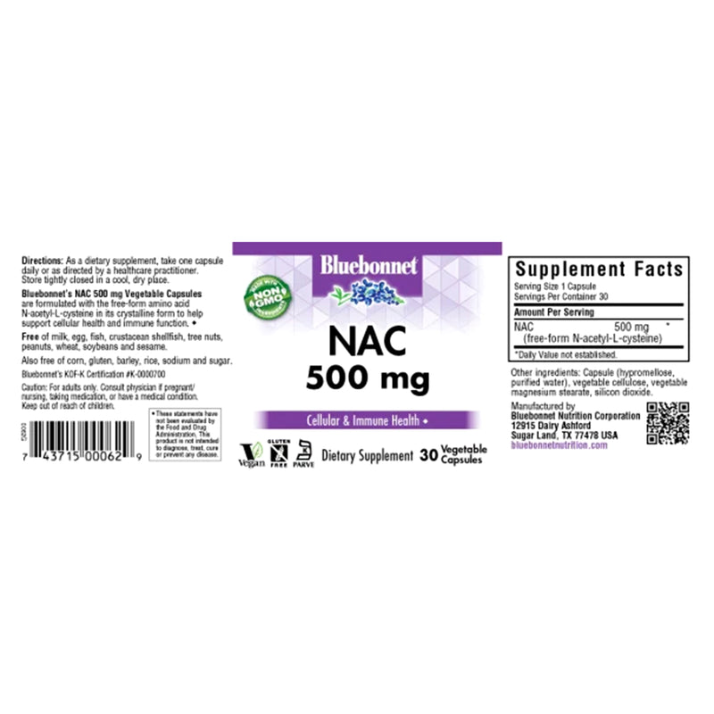 Bluebonnet N-Acetyl Cysteine (NAC) 500 mg 30 Veg Capsules - DailyVita