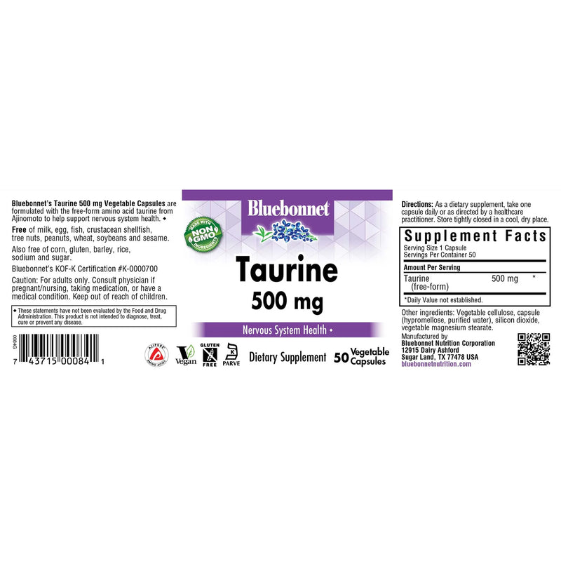 Bluebonnet Taurine 500 mg 50 Veg Capsules - DailyVita