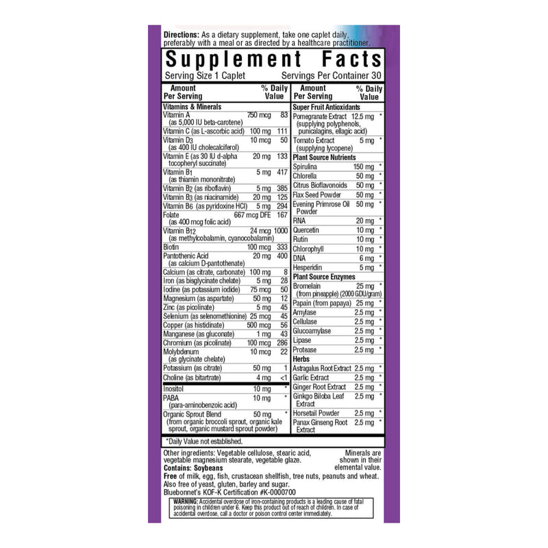 Bluebonnet Super Earth Single Daily Multinutrient Formula (with Iron) 30 Caplets - DailyVita