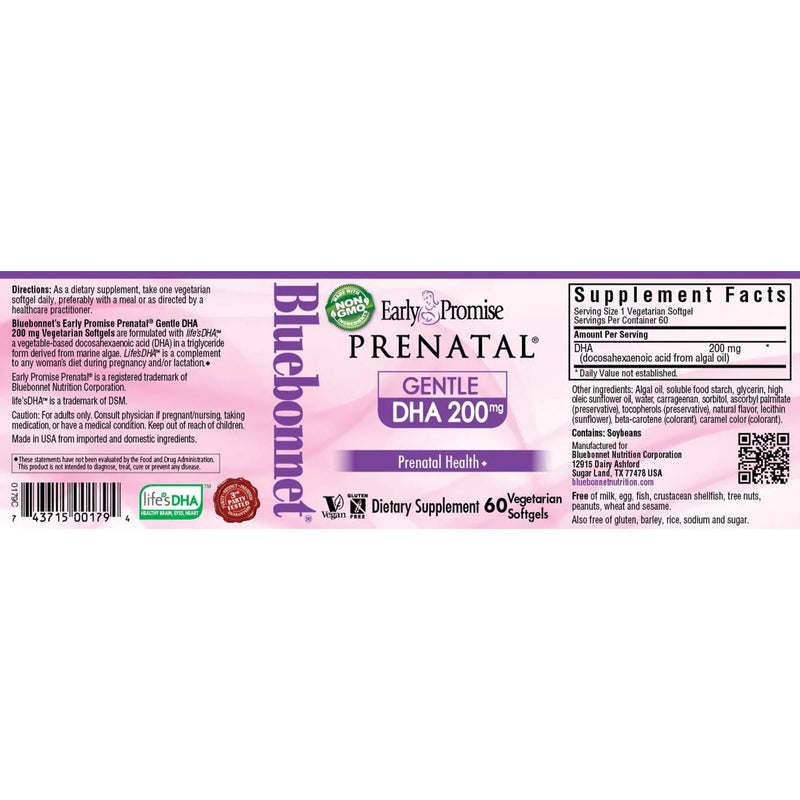 Bluebonnet Early Promise Prenatal Gentle DHA 200 mg 60 Vegetarian Softgels - DailyVita