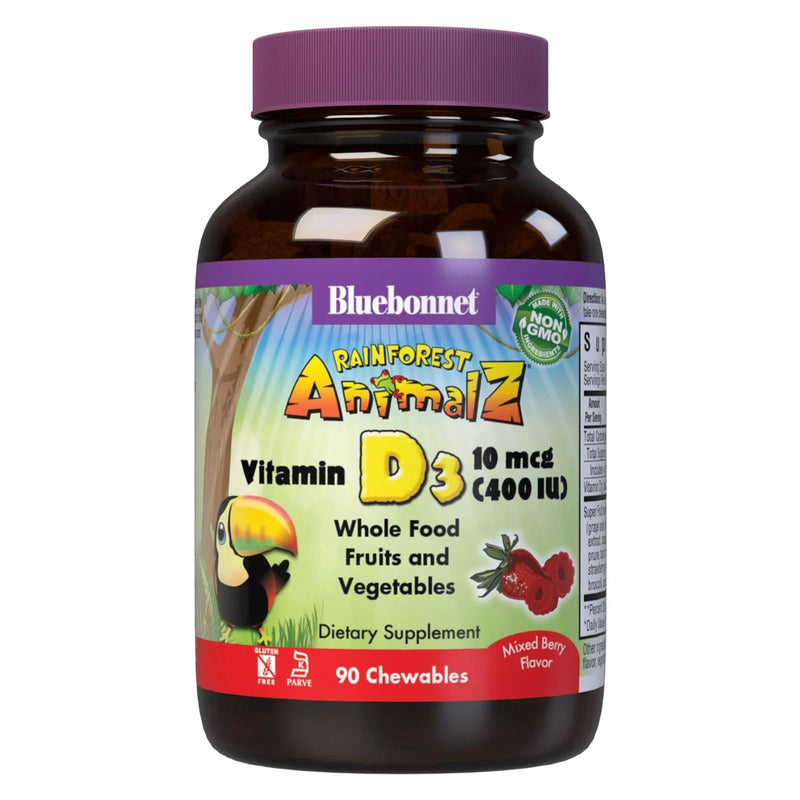 Bluebonnet Rainforest Animalz Vitamin D3 10 mcg (400 IU) Mixed Berry Flavor 90 Chewable Tablets - DailyVita