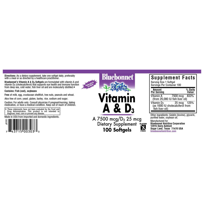 Bluebonnet Vitamin A & D3 750 mcg (25000 IU)/25 mcg (1000 IU) 100 Softgels - DailyVita