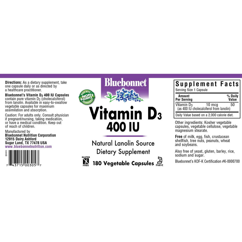 Bluebonnet Vitamin D3 10 mcg (400 IU) 180 Veg Capsules - DailyVita
