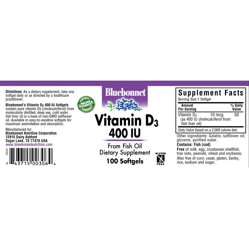 Bluebonnet Vitamin D3 10 mcg (400 IU) 100 Softgels - DailyVita