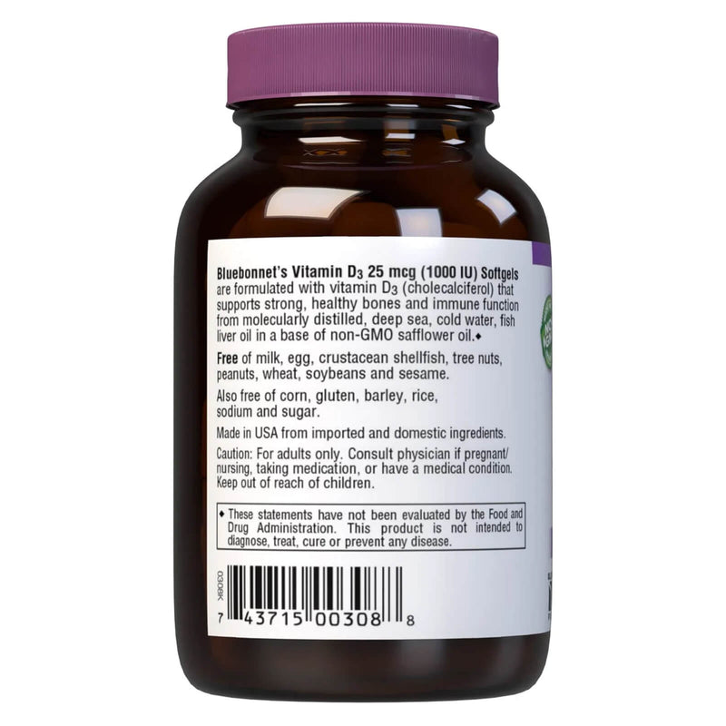 Bluebonnet Vitamin D3 25 mcg (1000 IU) 100 Softgels - DailyVita