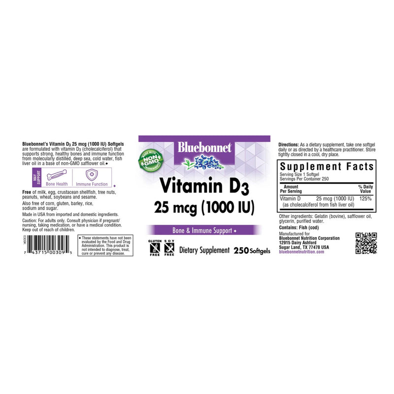 Bluebonnet Vitamin D3 25 mcg (1000 IU) 250 Softgels - DailyVita