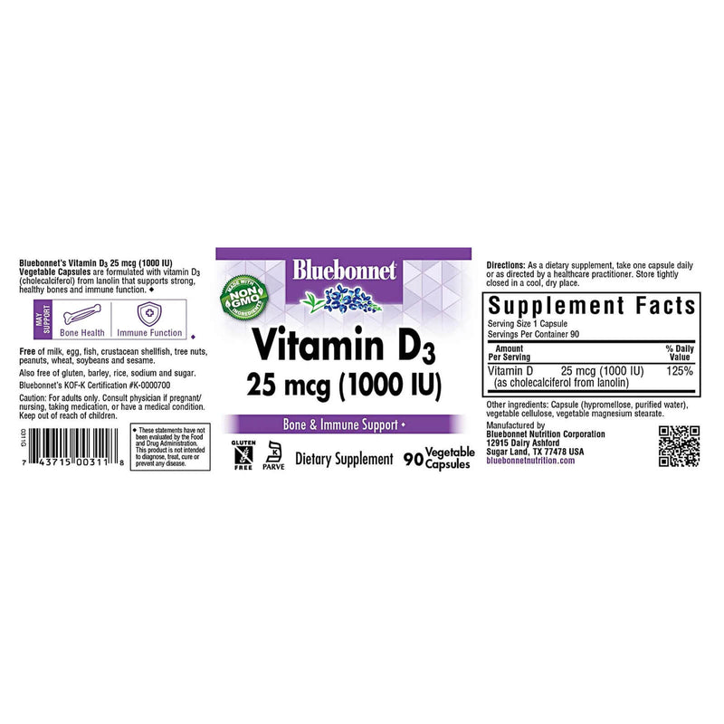 Bluebonnet Vitamin D3 25 mcg (1000 IU) 90 Veg Capsules - DailyVita