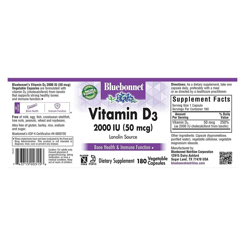 Bluebonnet Vitamin D3 50 mcg (2000 IU) 180 Veg Capsules - DailyVita