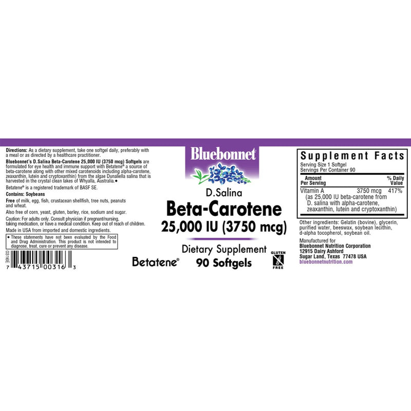 Bluebonnet Beta-Carotene 3750 mcg (25000 IU) 90 Softgels - DailyVita