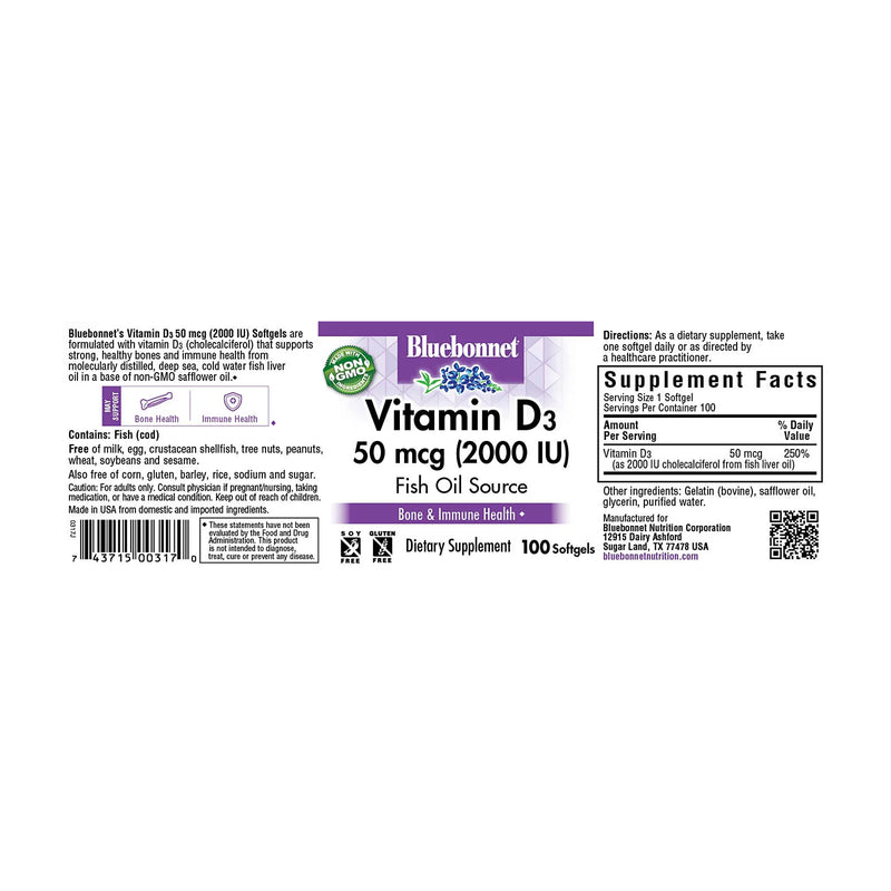 Bluebonnet Vitamin D3 50 mcg (2000 IU) 100 Softgels - DailyVita