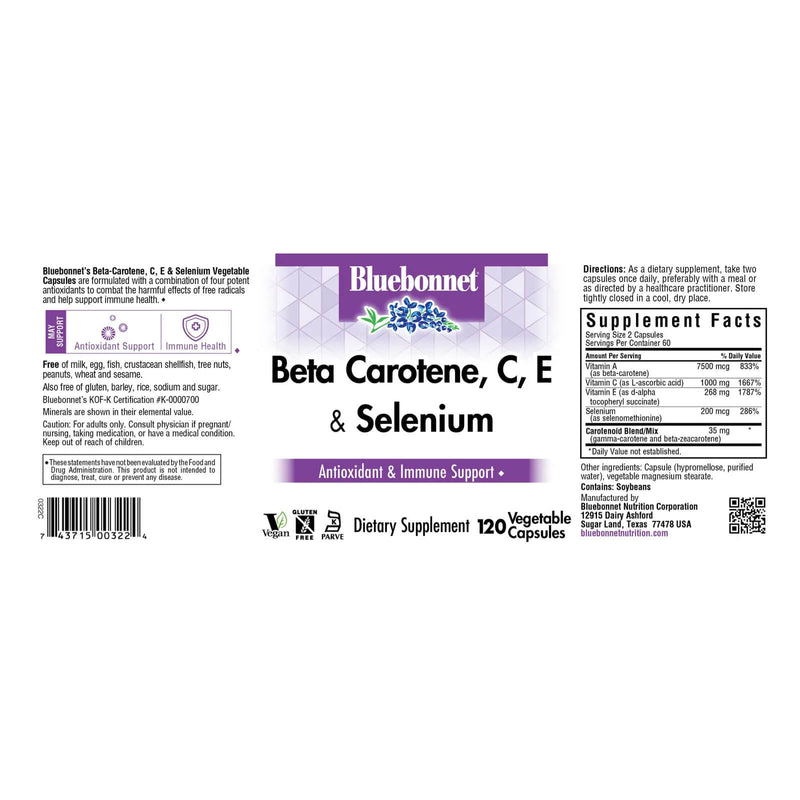 Bluebonnet Beta Carotene C E & Selenium 120 Veg Capsules - DailyVita