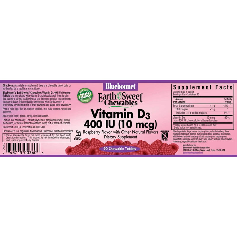Bluebonnet Earthsweet Chewables Vitamin D3 10 mcg (400 IU) Raspberry 90 Tablets - DailyVita