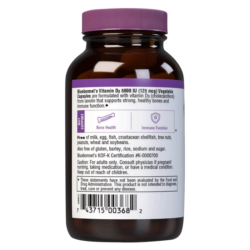 Bluebonnet Vitamin D3 125 mcg (5000 IU) 60 Veg Capsules - DailyVita