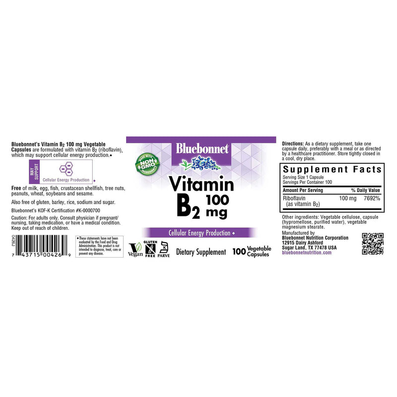 Bluebonnet Vitamin B-2 100 mg 100 Veg Capsules - DailyVita