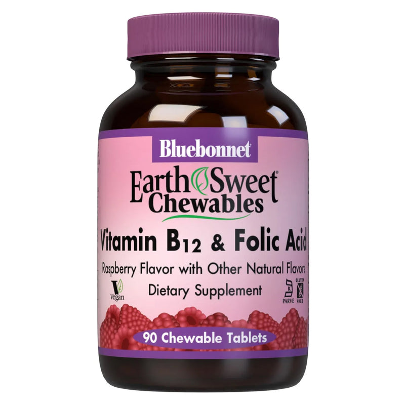 Bluebonnet Earthsweet Chewables Vitamin B-12 & Folic Acid Raspberry 90 Tablets - DailyVita