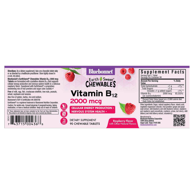 Bluebonnet Earthsweet Chewables Vitamin B-12 2000 mcg Raspberry 90 Tablets - DailyVita