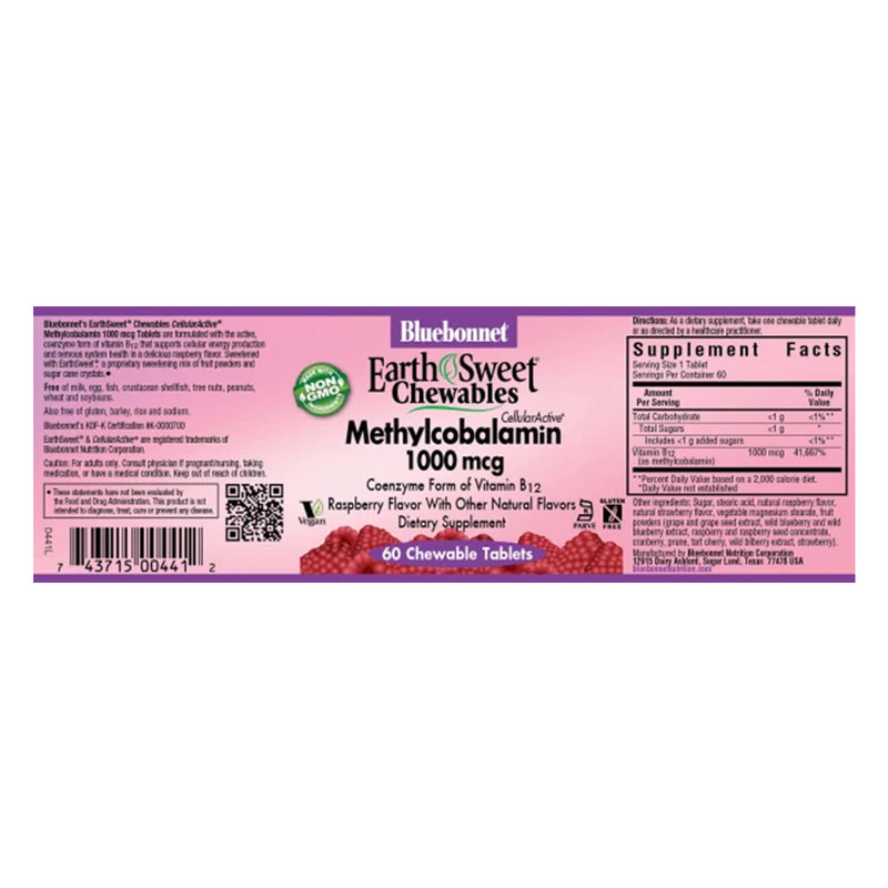 Bluebonnet Earthsweet Chewables Cellular Active Methylcobalamin B-12 1000 mcg Raspberry 60 Tablets - DailyVita