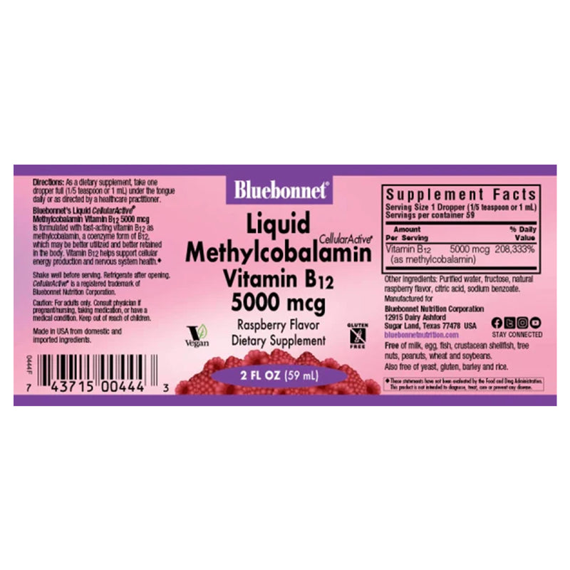Bluebonnet Liquid Cellular Active Methylcobalamin Vitamin B-12 5000 mcg Raspberry 2 fl oz - DailyVita
