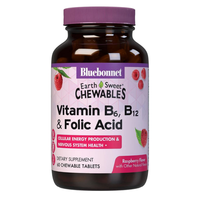 Bluebonnet Earthsweet Chewables Vitamin B-6 B-12 Folic Acid Raspberry 60 Tablets - DailyVita