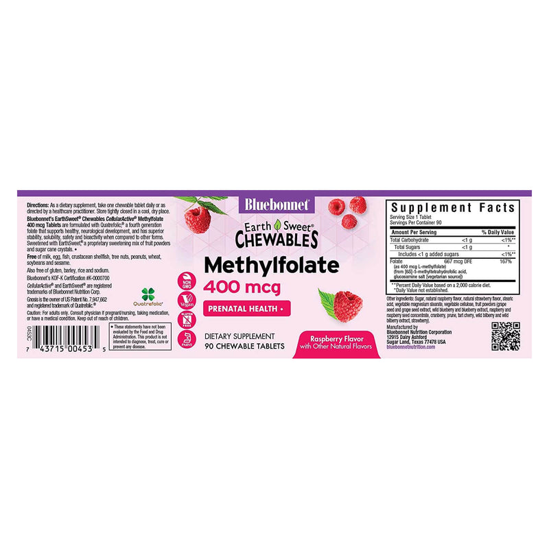 Bluebonnet Earth Sweet Chewables Cellular Active Methylfolate 400 mcg Raspberry 90 Tablets - DailyVita