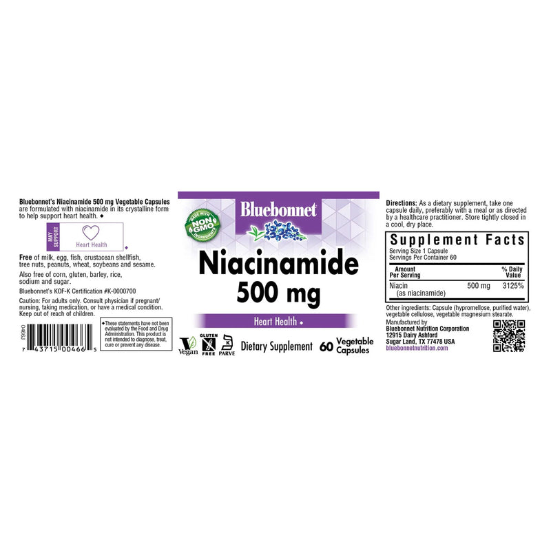 Bluebonnet Niacinamide 500 mg 60 Veg Capsules - DailyVita