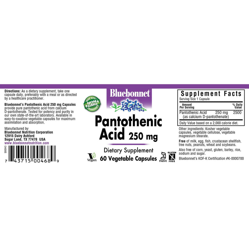 Bluebonnet Pantothenic Acid 250 mg 60 Veg Capsules - DailyVita