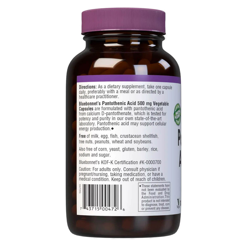 Bluebonnet Pantothenic Acid 500 mg 180 Veg Capsules - DailyVita