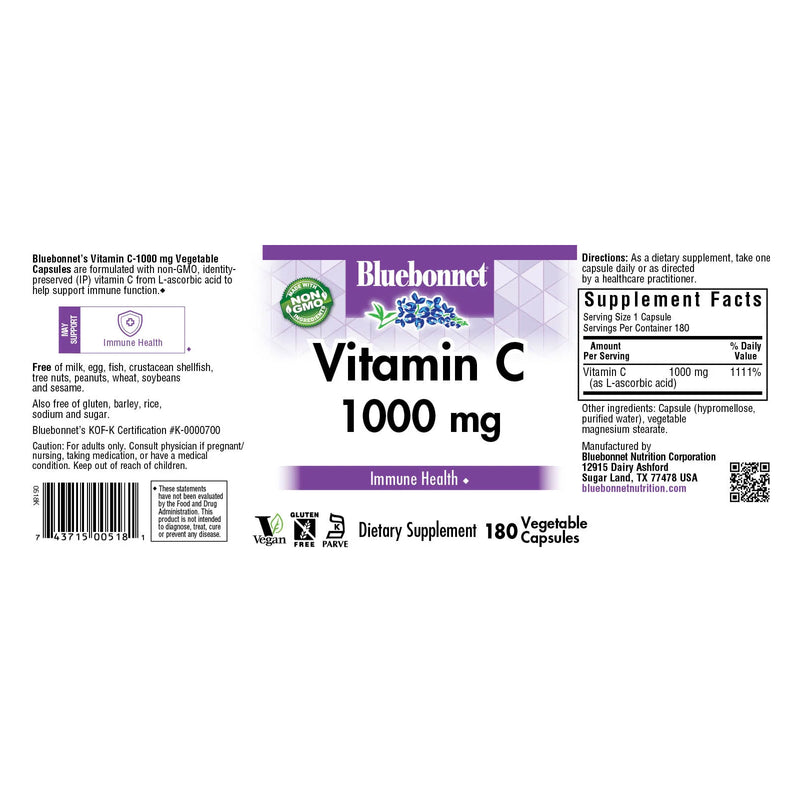 Bluebonnet Vitamin C 1000 mg 180 Veg Capsules - DailyVita