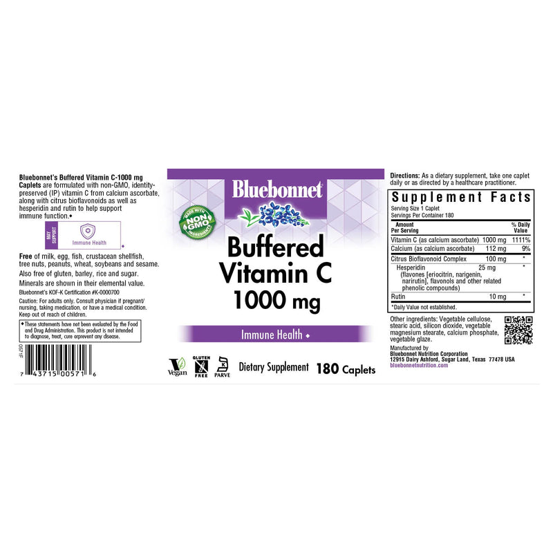 Bluebonnet Buffered Vitamin C-1000 mg 180 Caplets - DailyVita