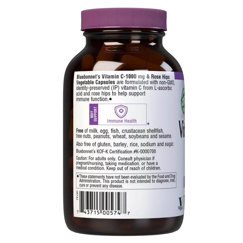 Bluebonnet Vitamin C-1000 mg & Rose Hips 90 Veg Capsules - DailyVita
