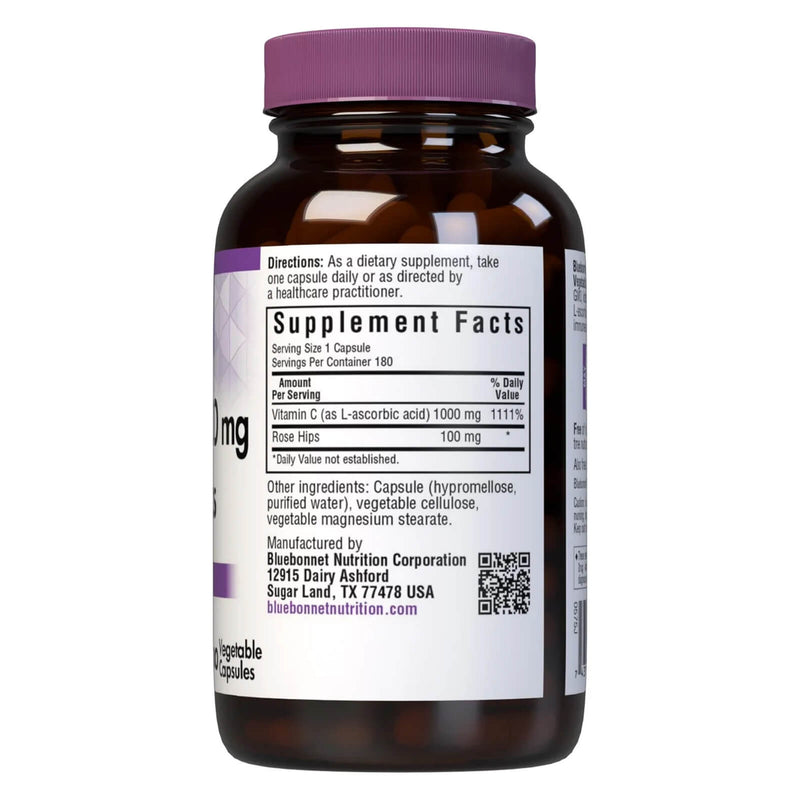 Bluebonnet Vitamin C-1000 mg & Rose Hips 180 Veg Capsules - DailyVita