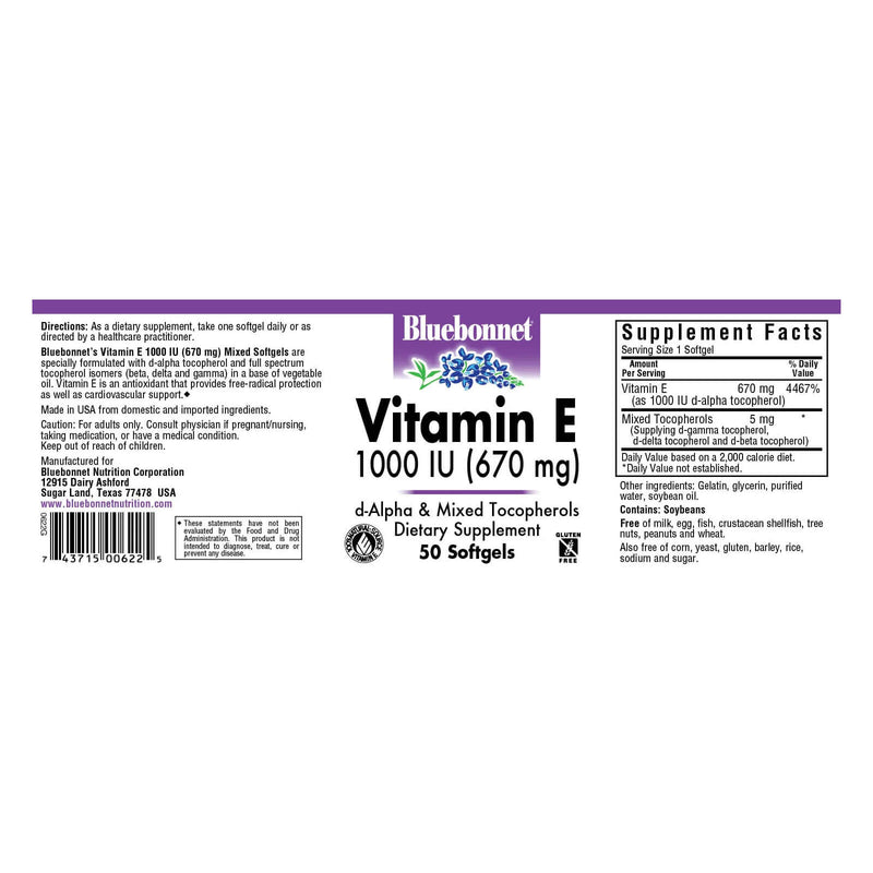 Bluebonnet Vitamin E 670 mg (1000 IU) Mixed 50 Softgels - DailyVita