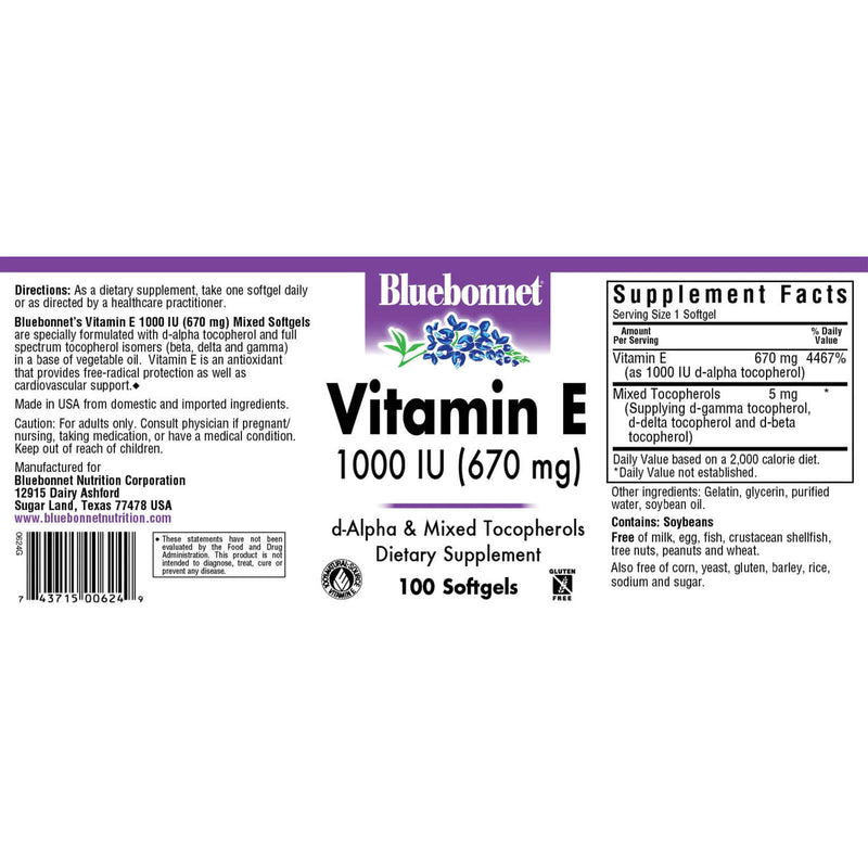Bluebonnet Vitamin E 670 mg (1000 IU) Mixed 100 Softgels - DailyVita