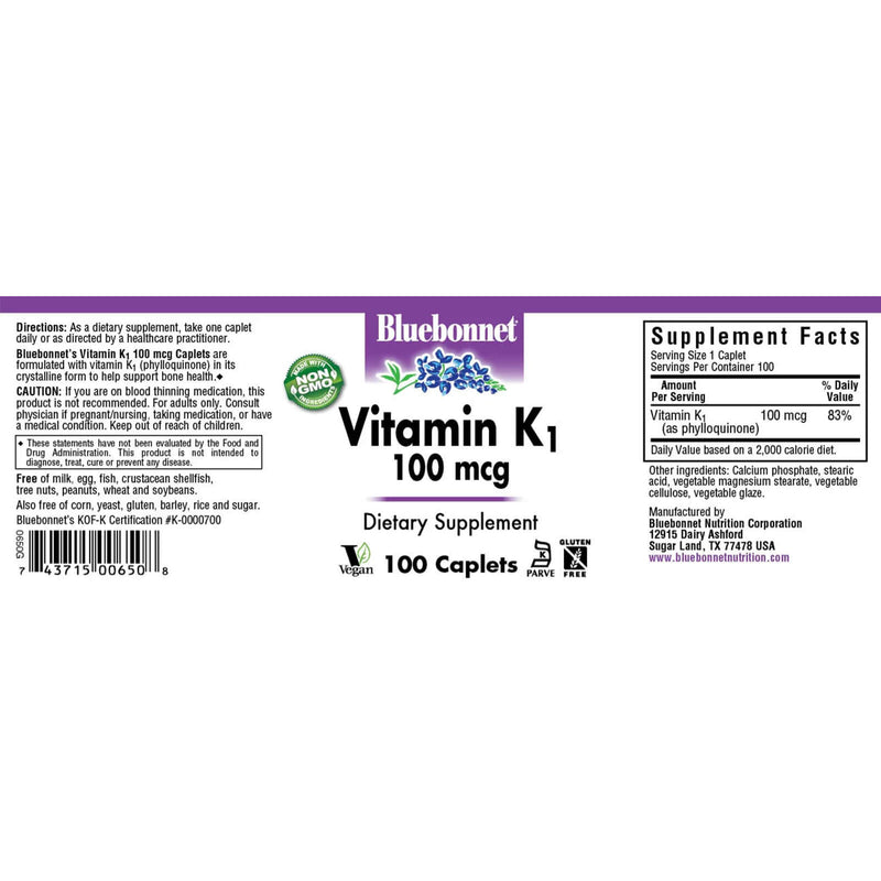 Bluebonnet Vitamin K1 100 mcg 100 Caplets - DailyVita