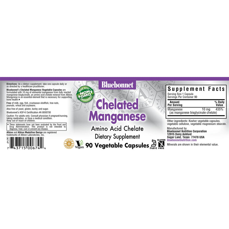 Bluebonnet Chelated Manganese 10 mg 90 Veg Capsules - DailyVita