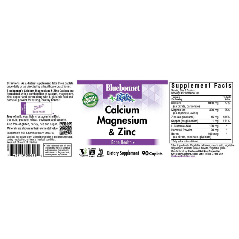 Bluebonnet Calcium Magnesium Zinc 90 Caplets - DailyVita