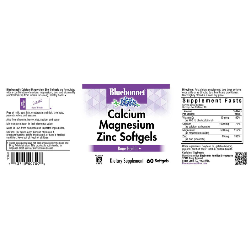 Bluebonnet Calcium Magnesium Zinc & Vitamin D3 60 Softgels - DailyVita