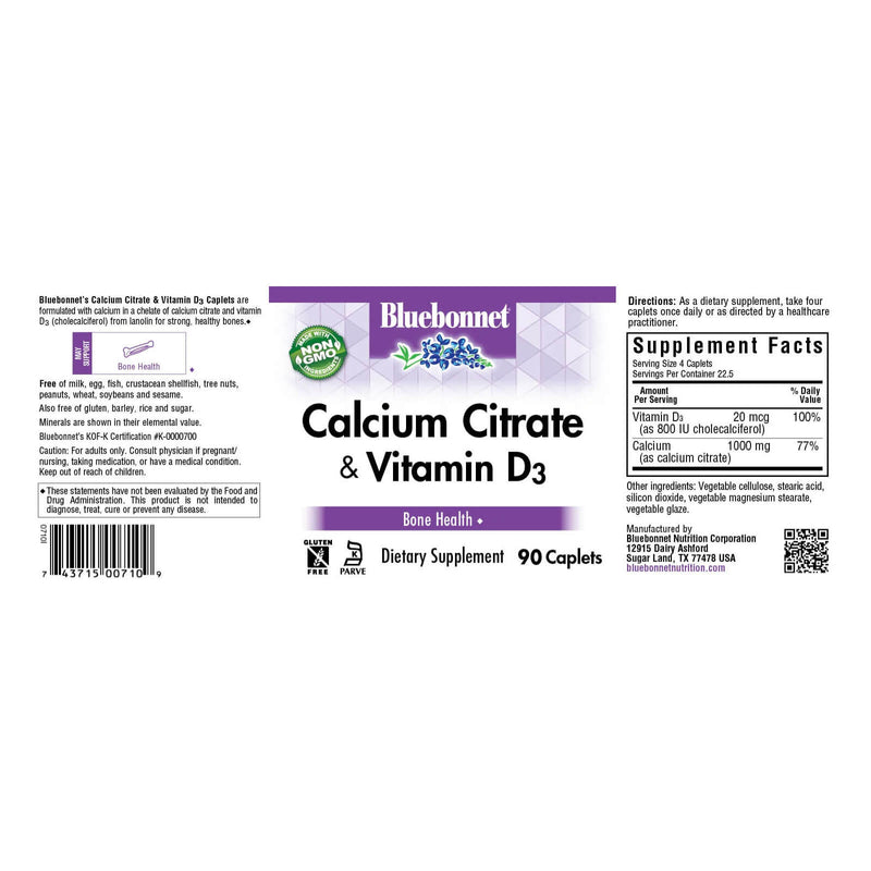 Bluebonnet Calcium Citrate & Vitamin D3 90 Caplets - DailyVita
