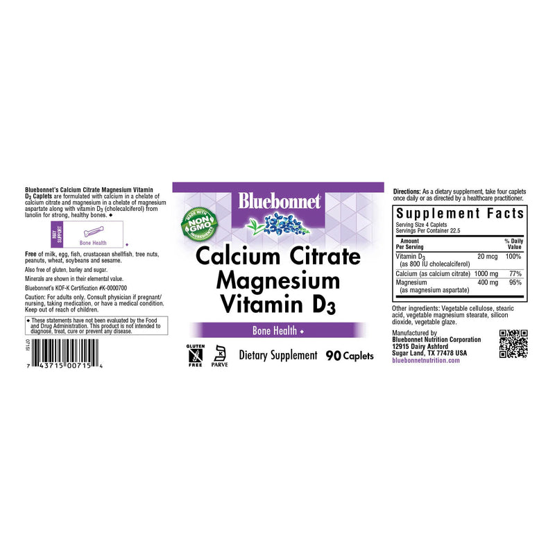 Bluebonnet Calcium Citrate Magnesium & Vitamin D3 90 Caplets - DailyVita