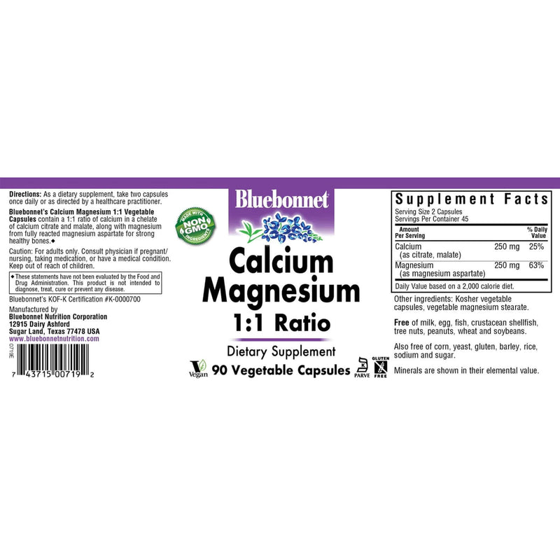 Bluebonnet Calcium Magnesium 1:1 Ratio 90 Veg Capsules - DailyVita