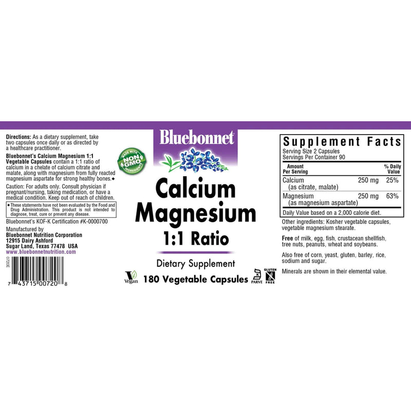 Bluebonnet Calcium Magnesium 1:1 Ratio 180 Veg Capsules - DailyVita