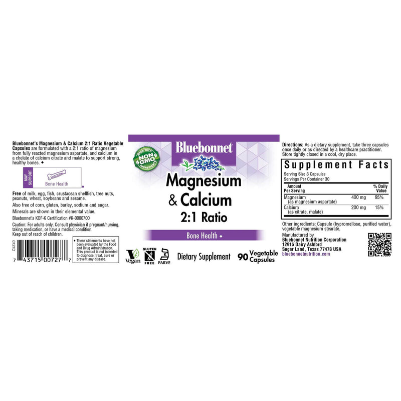 Bluebonnet Magnesium Calcium 2:1 Ratio 90 Veg Capsules - DailyVita