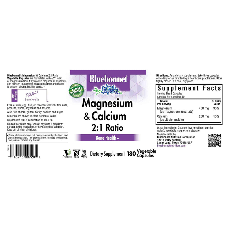 Bluebonnet Magnesium Calcium 2:1 Ratio 180 Veg Capsules - DailyVita