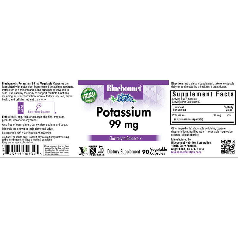 Bluebonnet Potassium 99 mg 90 Veg Capsules - DailyVita