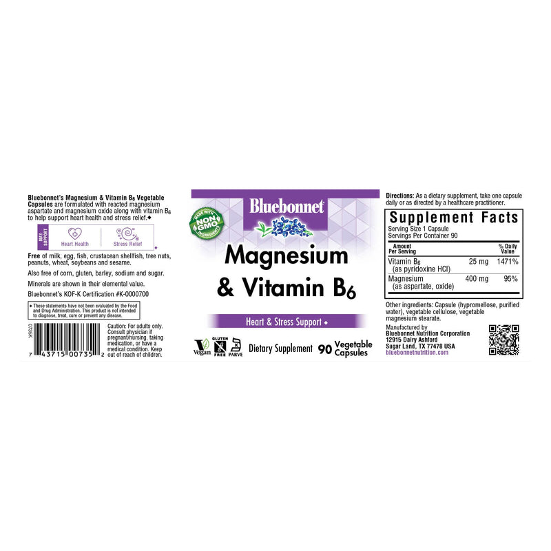 Bluebonnet Magnesium & B-6 90 Veg Capsules - DailyVita