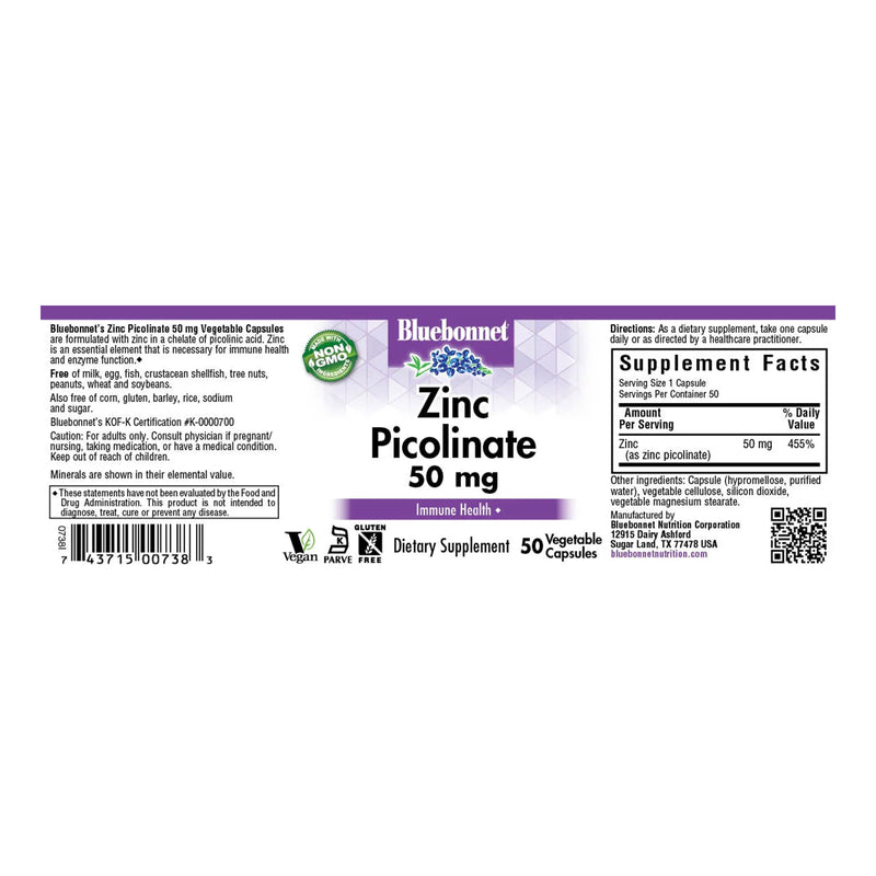 Bluebonnet Zinc Picolinate 50 mg 50 Veg Capsules - DailyVita