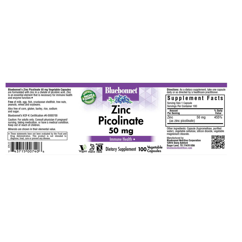 Bluebonnet Zinc Picolinate 50 mg 100 Veg Capsules - DailyVita