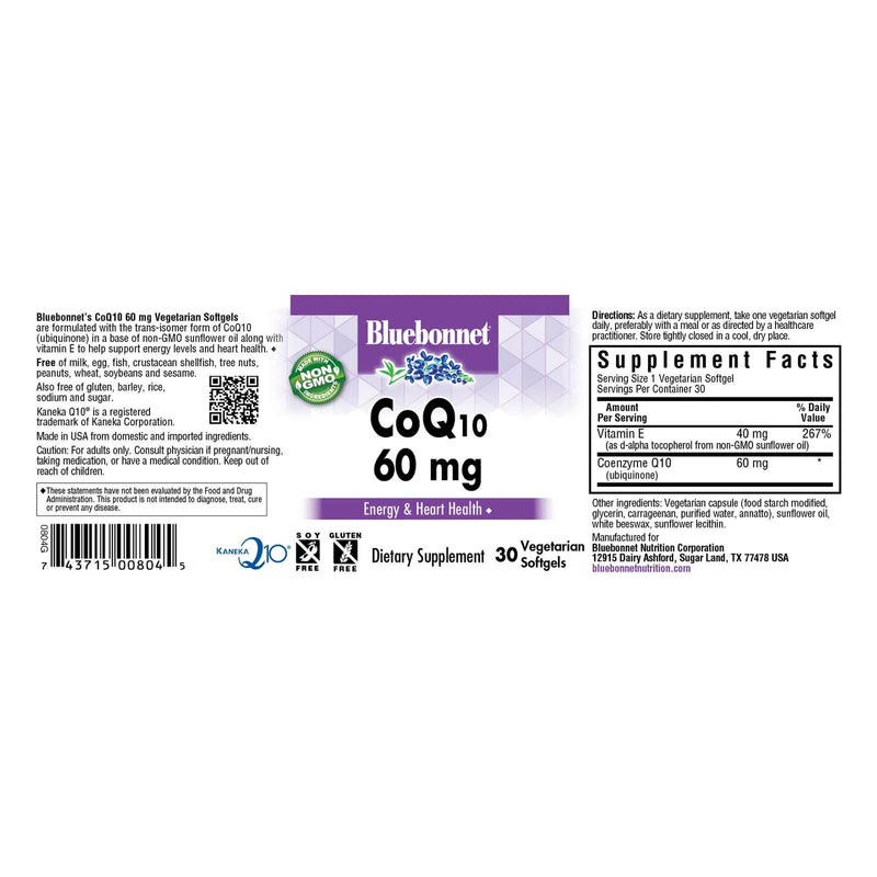 Bluebonnet CoQ10 60 mg 30 Vegetarian Softgels - DailyVita